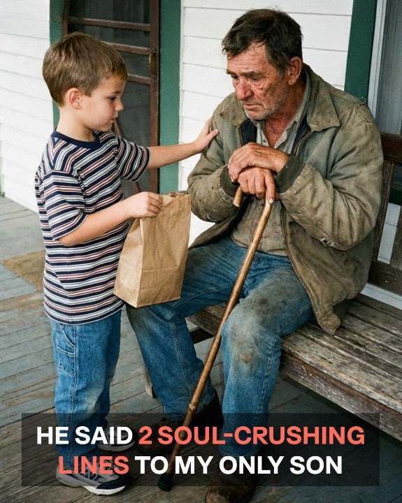 My seven-year-old son kept leaving his lunch on our grumpy neighbor’s porch… until one morning, the old man opened the door holding a faded photograph that made me freeze.