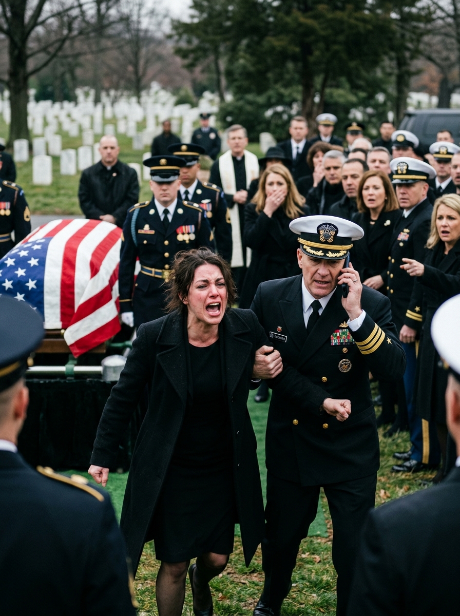 At my father’s memorial, a Navy admiral grabbed my arm and told me the front row was for service members only. Then his phone rang. He listened, went pale, and the next words out of his mouth changed the whole room: “Sir… understood. Release her. Now.”